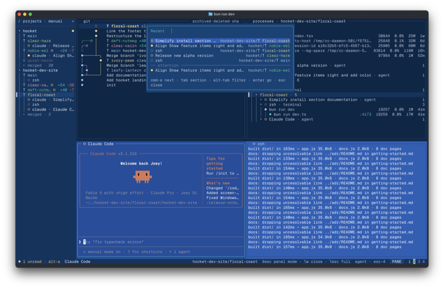 The hocket workspace — a sidebar of projects, worktrees, and agents beside git and process panels, with the palette listing recent sessions and one needing attention