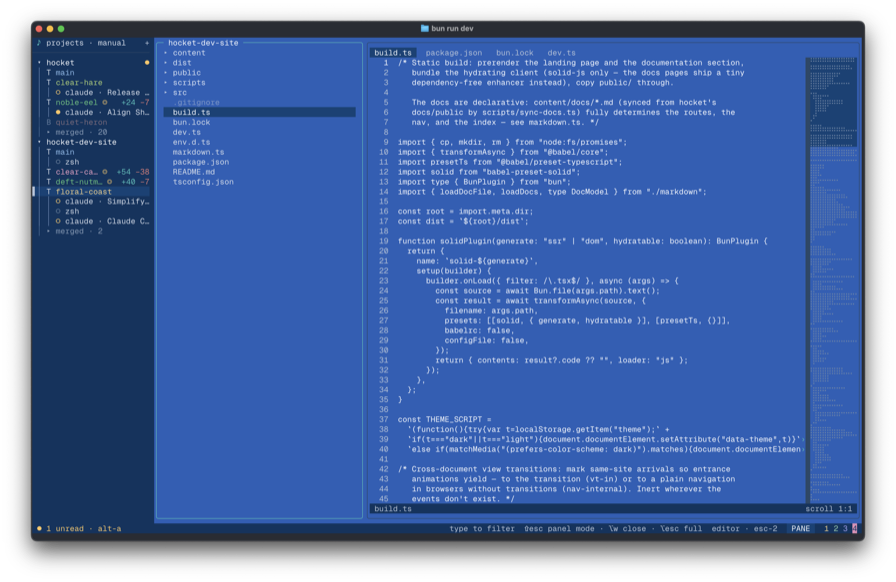 hocket's editor pane — a file tree and syntax-highlighted source open beside the worktree sidebar