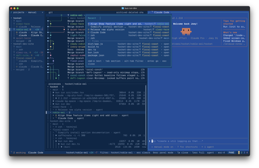 hocket's git panel — the full merge graph of trunk and worktree branches, with the palette listing recent sessions and changed files