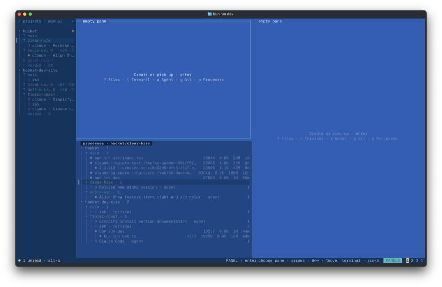 The processes panel — every running agent, terminal, and dev server grouped by project and worktree